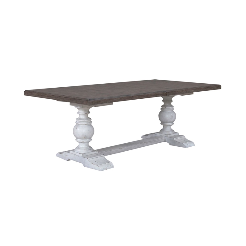 Pemberly Row Trestle Dining Room Table with Self Storing Leaf in White