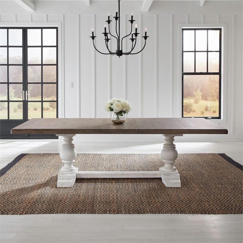 Pemberly Row Trestle Dining Room Table with Self Storing Leaf in White