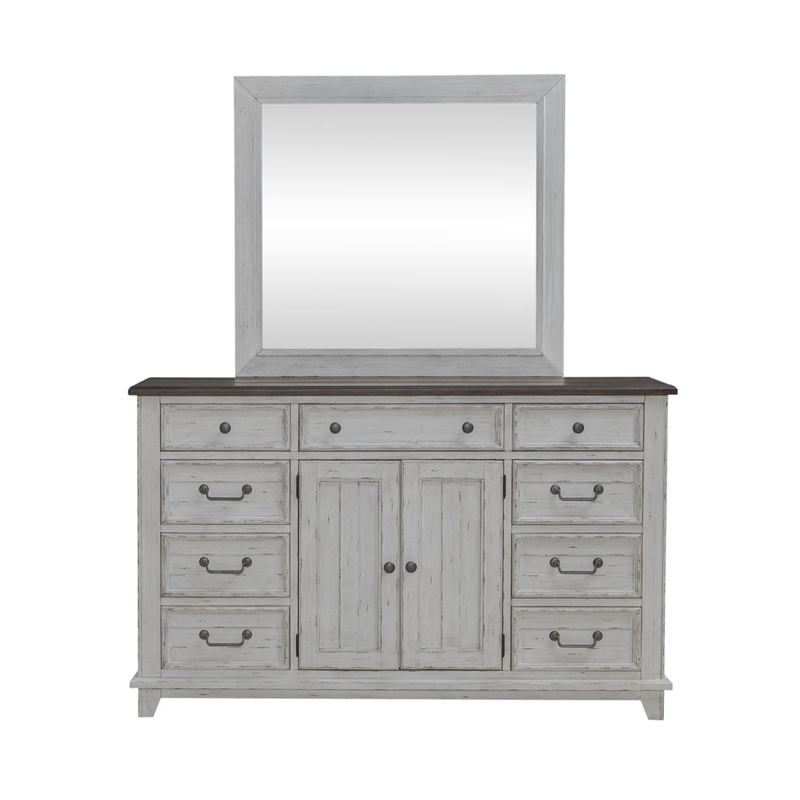 Pemberly Row King Panel Bed with Dresser Mirror Chest and Nightstand