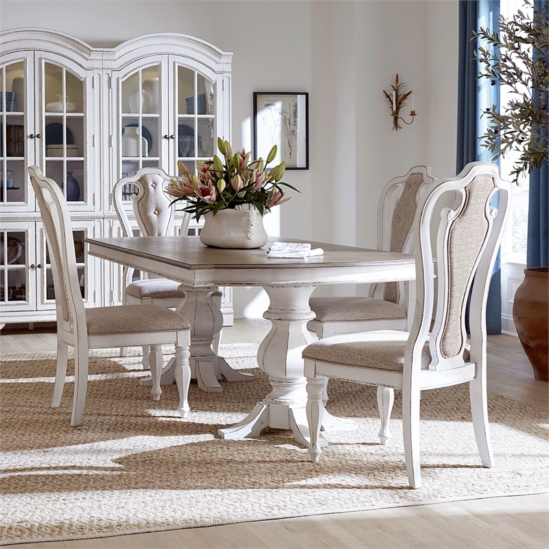Pemberly Row 5 Piece Double Pedestal Table Set with Chairs in White