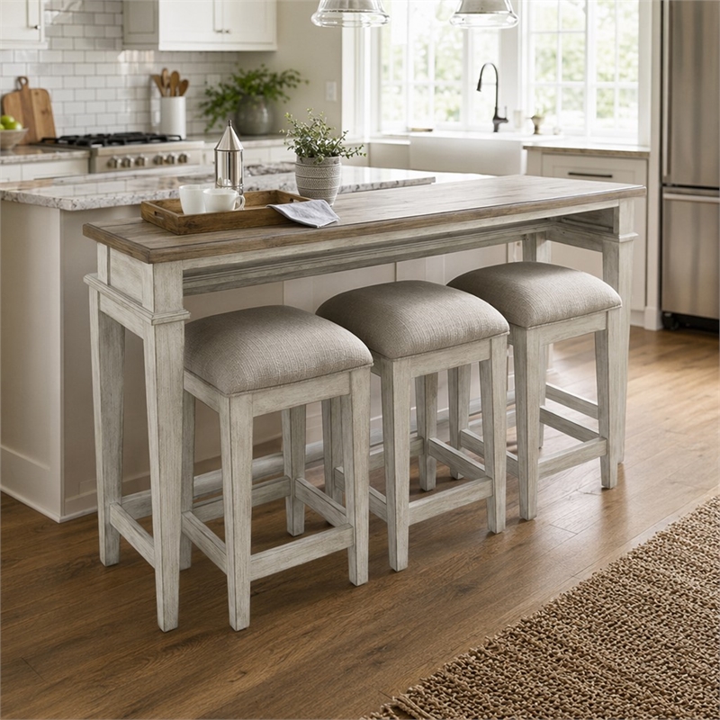 Pemberly Row 4 Piece Console Bar Table and Stool Set with Charging in White