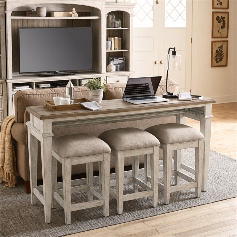 Pemberly Row 4 Piece Console Bar Table and Stool Set with Charging in White
