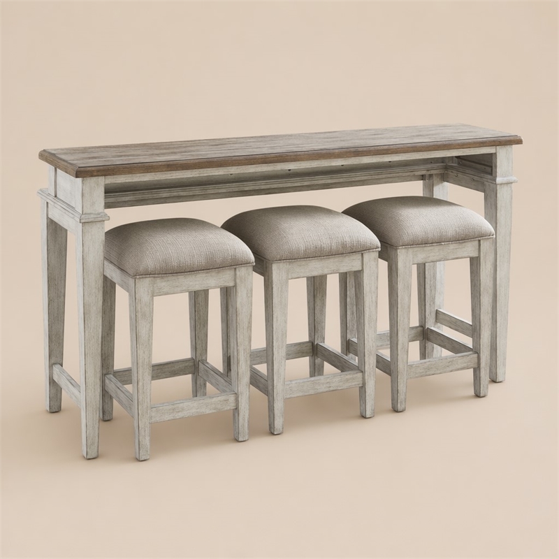 Pemberly Row 4 Piece Console Bar Table and Stool Set with Charging in White