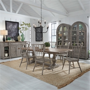 Pemberly Row 7 Piece Trestle Table Dining Room Set with Chairs in Gray Wood