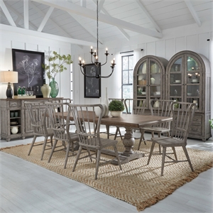 Pemberly Row 9 Piece Trestle Table Dining Room Set with Chairs in Gray Wood
