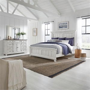 Pemberly Row King Panel Bed with Dresser and Mirror Set in White