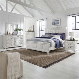 Pemberly Row Queen Panel Bed with Dresser Mirror Chest and Nightstand in White