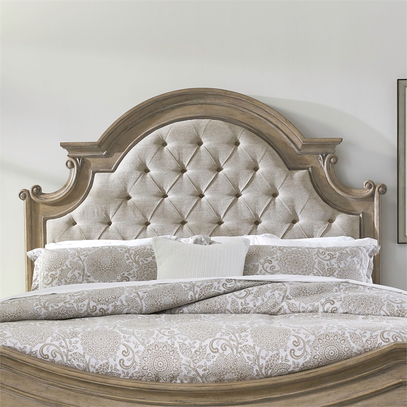 Pemberly Row King Upholstered Panel Headboard with Arched Crown in Brown