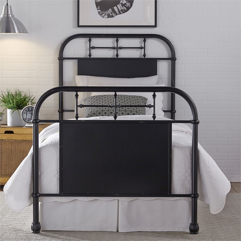 Pemberly Row Twin Metal Bed with Spindles in Antique Black Finish