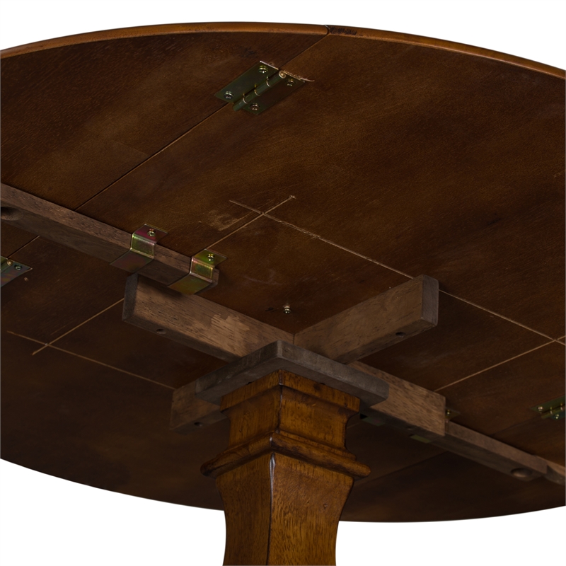 Pemberly Row Drop Leaf Pedestal Dining Table in Tobacco Wood