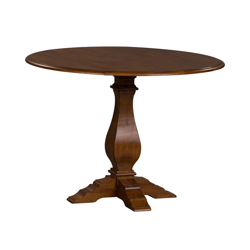 Pemberly Row Drop Leaf Pedestal Dining Table in Tobacco Wood