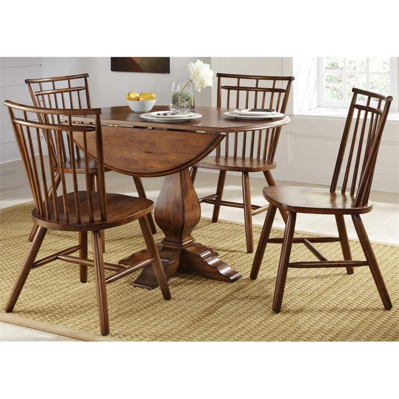 Pemberly Row Drop Leaf Pedestal Dining Table in Tobacco Wood