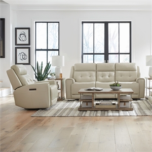 Pemberly Row Power Reclining Sofa and Recliner Set in Baja Stone Leather