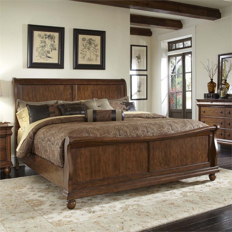 Pemberly Row King Sleigh Bed with Rolled Cap Rail in Rustic Cherry
