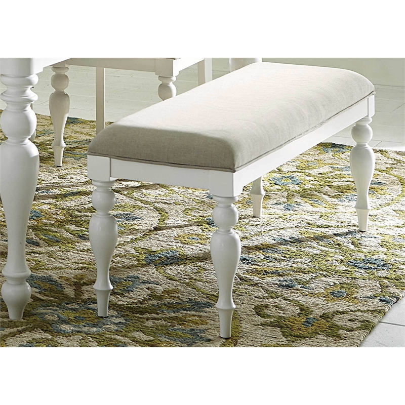 Pemberly Row Upholstered Dining Bench with Turned Legs in Oyster White