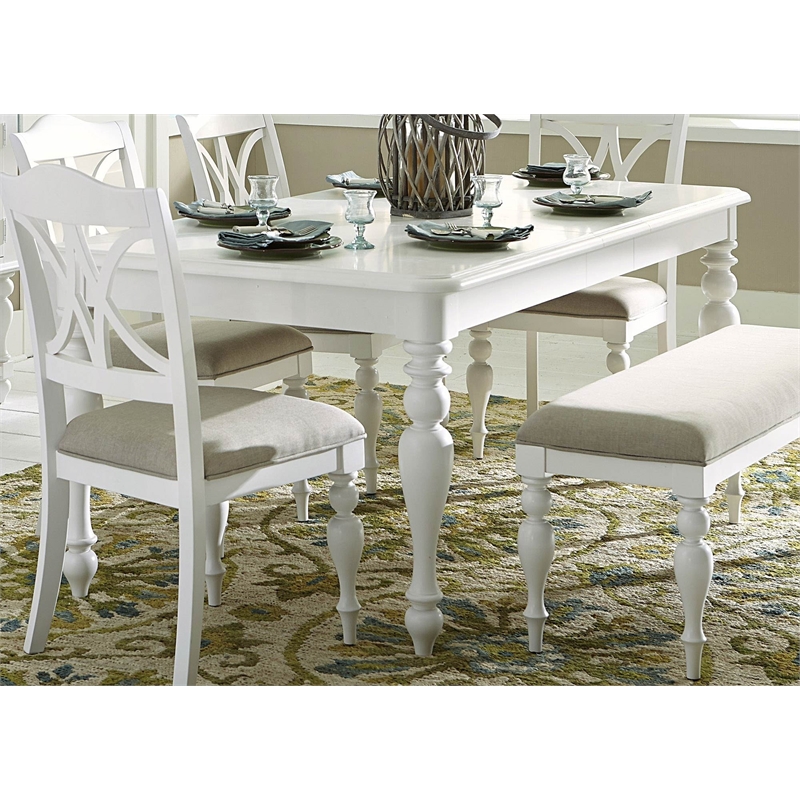 Pemberly Row Upholstered Dining Bench with Turned Legs in Oyster White