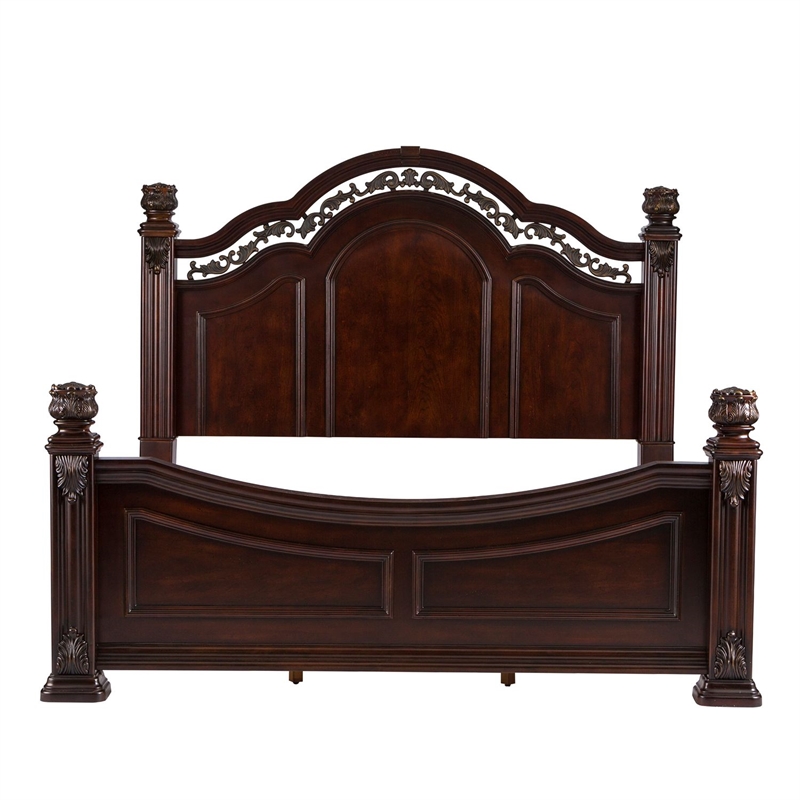 Pemberly Row California King Poster Bed with Acanthus Leaf Carvings in Cognac