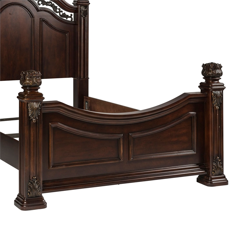 Pemberly Row California King Poster Bed with Acanthus Leaf Carvings in Cognac