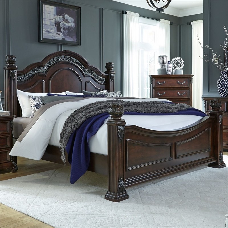 Pemberly Row California King Poster Bed with Acanthus Leaf Carvings in Cognac
