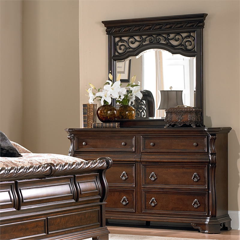 Pemberly Row King Sleigh Bed Set with Nightstand in Dark Brown Finish