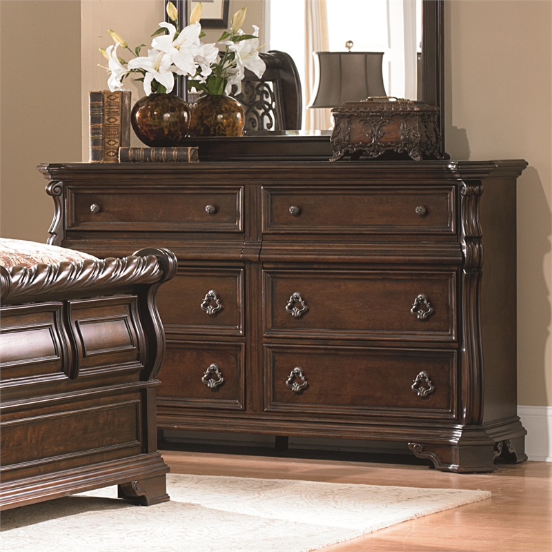 Pemberly Row Wood Dresser & Mirror with Brownstone Finish and 8 Drawers