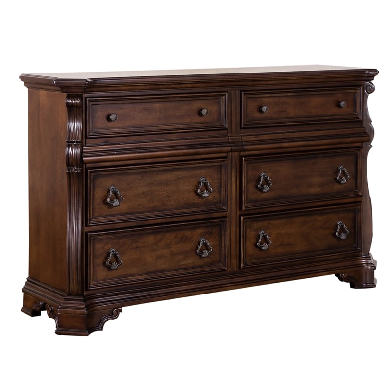 Pemberly Row Wood Dresser & Mirror with Brownstone Finish and 8 Drawers