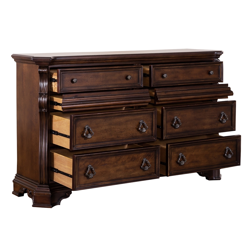 Pemberly Row Wood Dresser & Mirror with Brownstone Finish and 8 Drawers