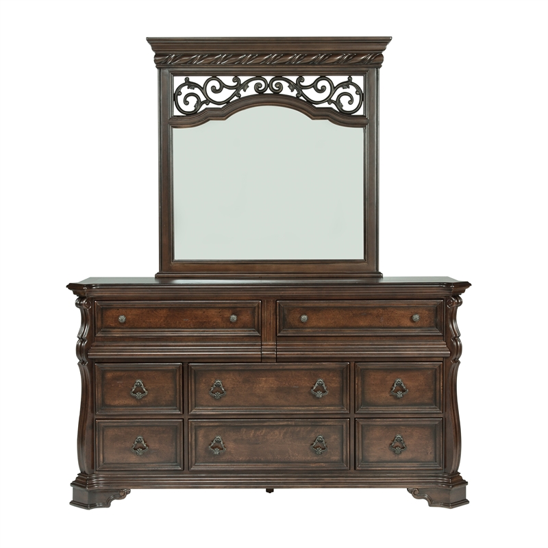 Pemberly Row Wood Dresser & Mirror with Brownstone Finish and 8 Drawers