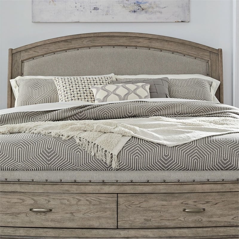 Pemberly Row King Upholstered Headboard with Oatmeal Linen in Burnished Beige
