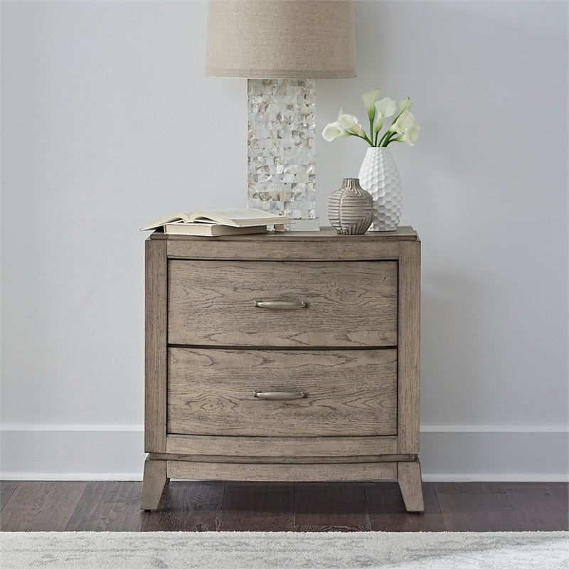Pemberly Row Nightstand with Charging Station in Burnished Beige Wood