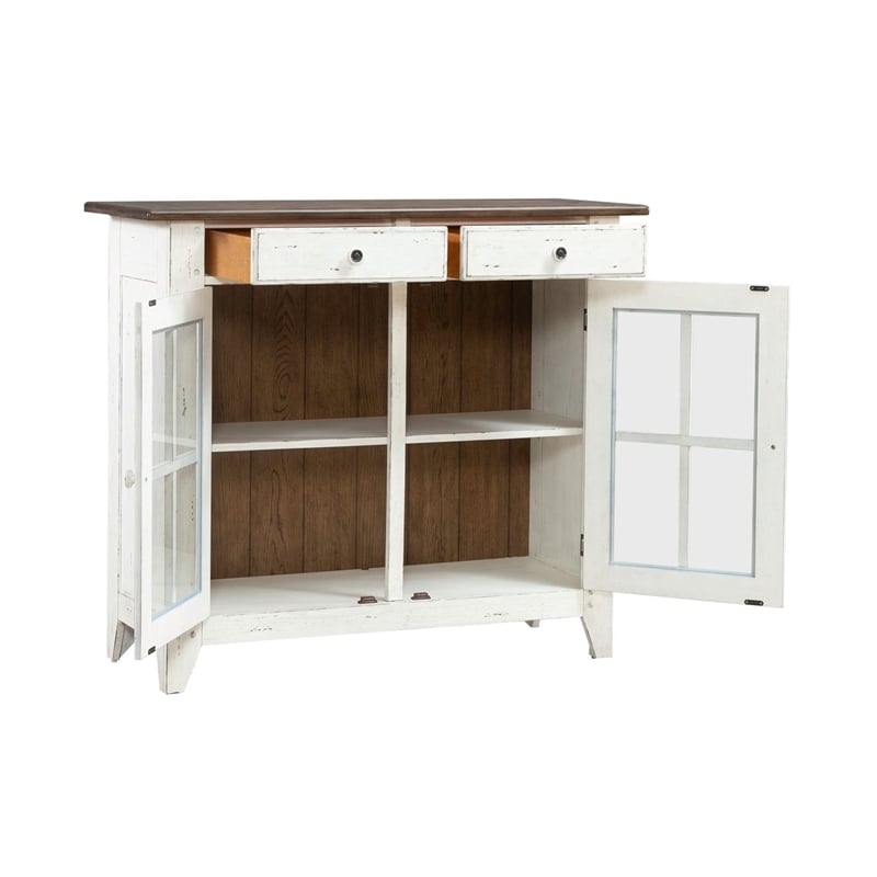 Pemberly Row Dining Server with Glass Doors in Graphite and Whitestone