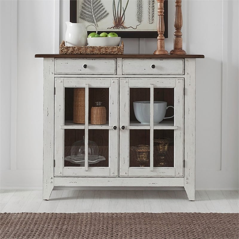 Pemberly Row Dining Server with Glass Doors in Graphite and Whitestone