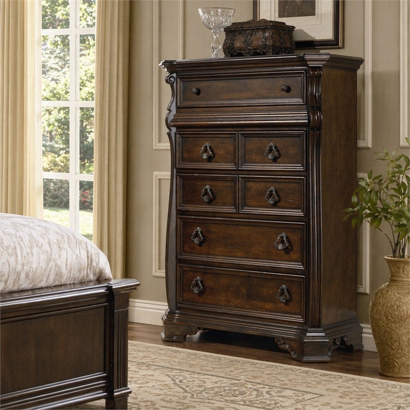 Pemberly Row 6 Drawer Chest with Shaped Pilasters in Brownstone