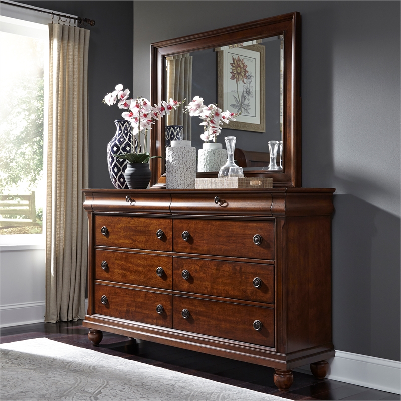 Pemberly Row Cherry Wood Queen Sleigh Bed Dresser Mirror and Nightstand Set