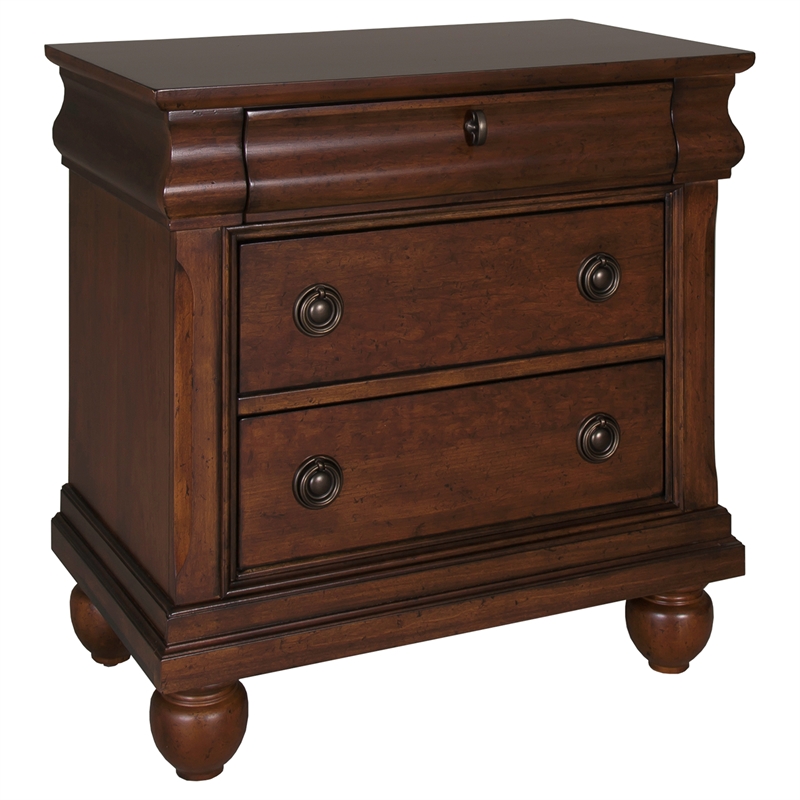 Pemberly Row Cherry Wood Queen Sleigh Bed Dresser Mirror and Nightstand Set