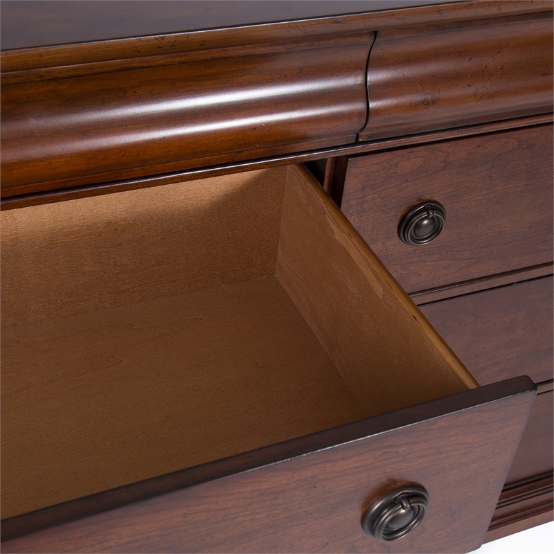 Pemberly Row Cherry Queen Sleigh Bed with Dresser & Mirror in Wood