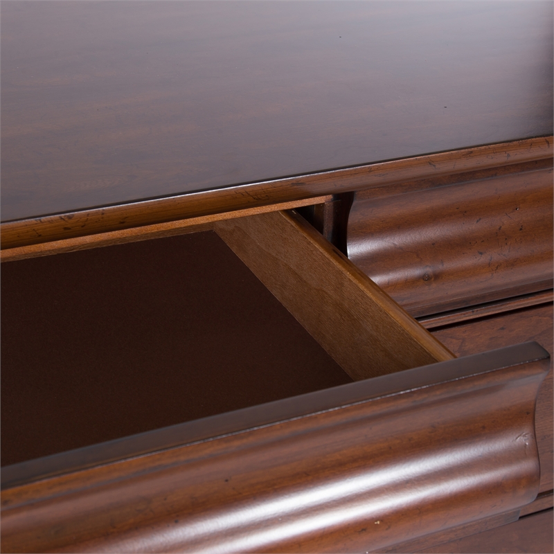 Pemberly Row Cherry Queen Sleigh Bed with Dresser & Mirror in Wood