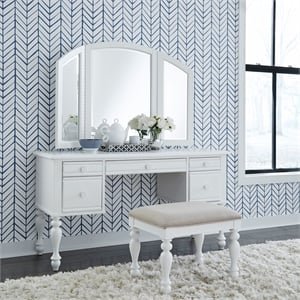 Pemberly Row 3 Piece Vanity Set with Trifold Mirror and Stool in Oyster White