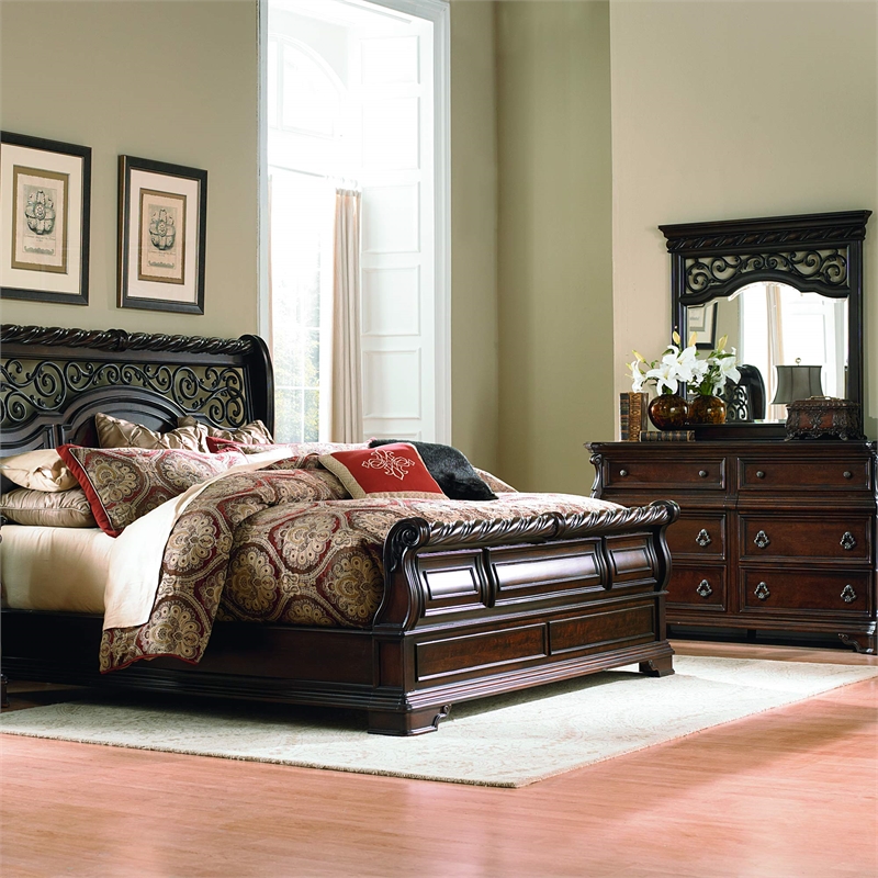 Pemberly Row Dark Brown Queen Sleigh Bed with Dresser & Mirror