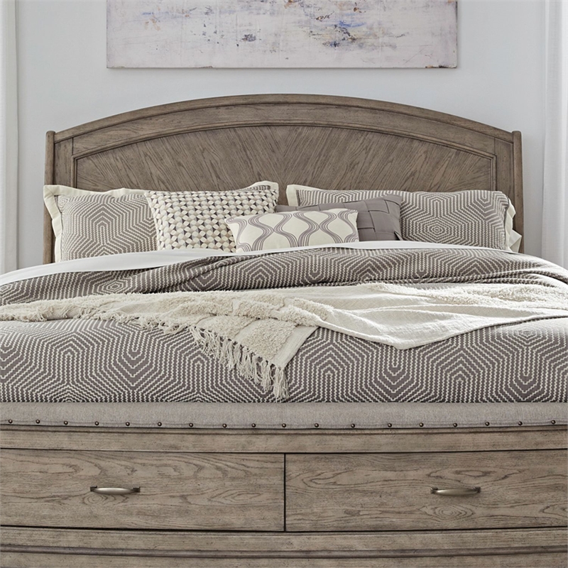 Pemberly Row Queen Panel Headboard with Starburst Veneer in Burnished Beige Oak