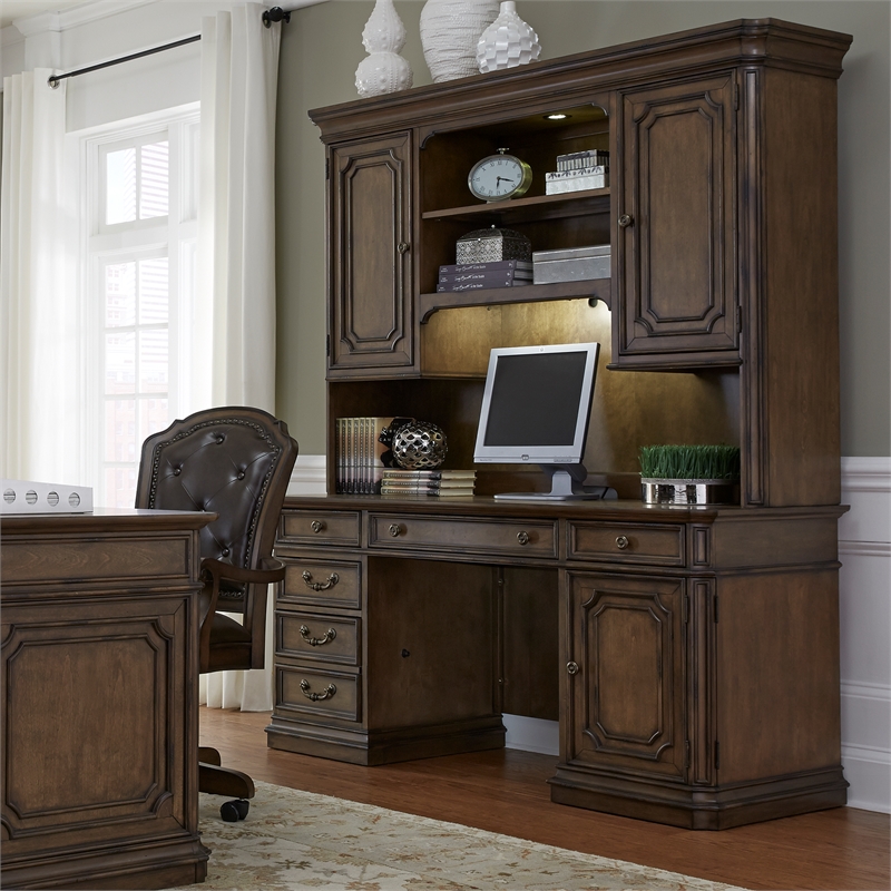 Pemberly Row Jr Executive Credenza and Hutch Set with Lighting in Toffee Brown