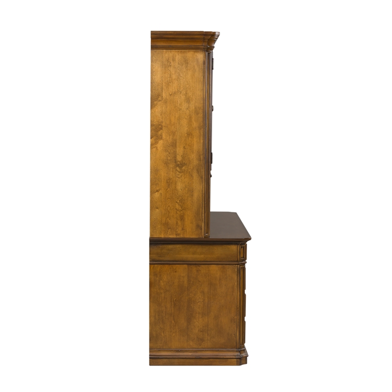 Pemberly Row Jr Executive Credenza and Hutch Set with Lighting in Toffee Brown