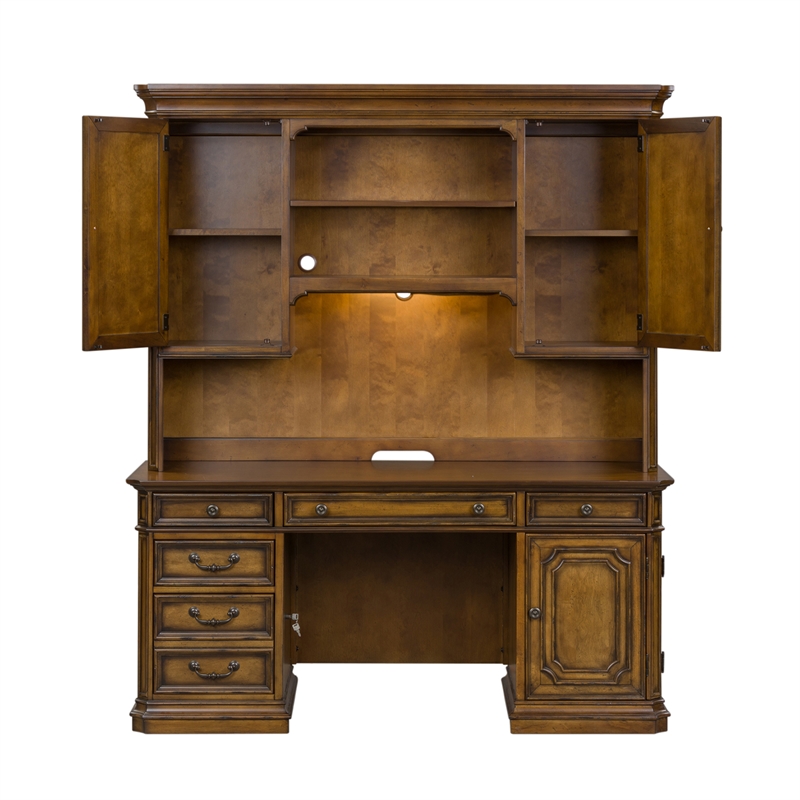 Pemberly Row Jr Executive Credenza and Hutch Set with Lighting in Toffee Brown