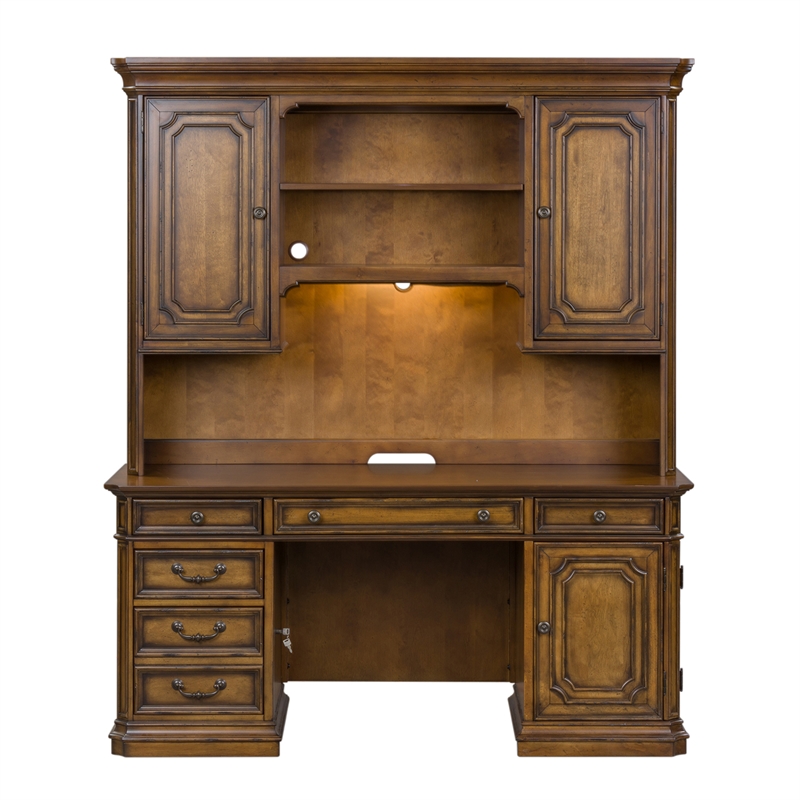 Pemberly Row Jr Executive Credenza and Hutch Set with Lighting in Toffee Brown
