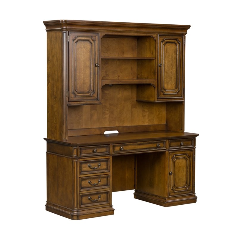 Pemberly Row Jr Executive Credenza and Hutch Set with Lighting in Toffee Brown