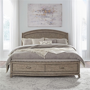 Pemberly Row Queen Panel Storage Bed with Padded Bench Seat in Burnished Beige