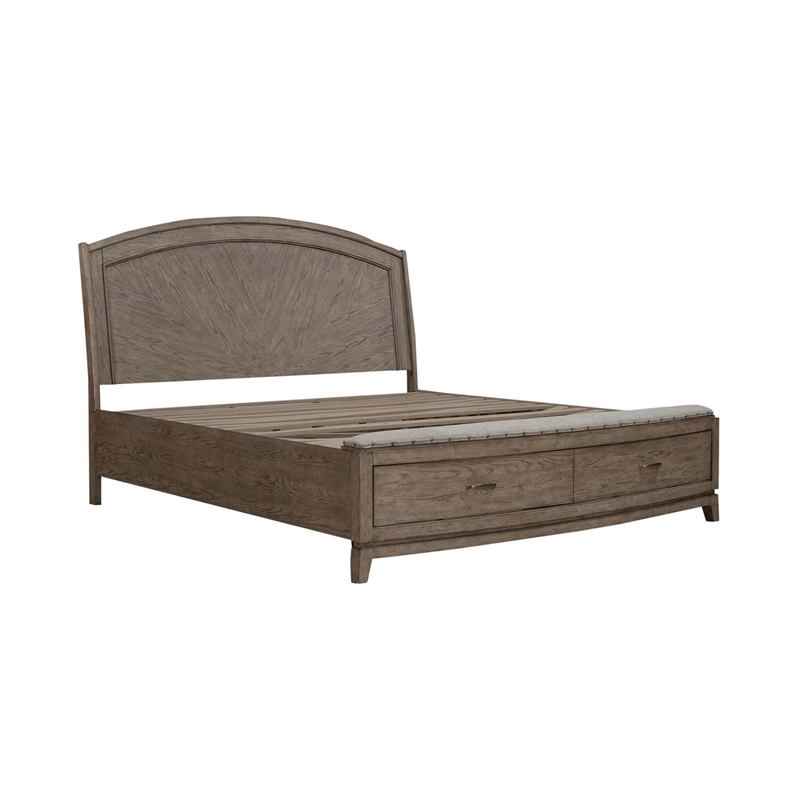 Pemberly Row King Panel Storage Bed with Padded Bench Seat in Burnished Beige