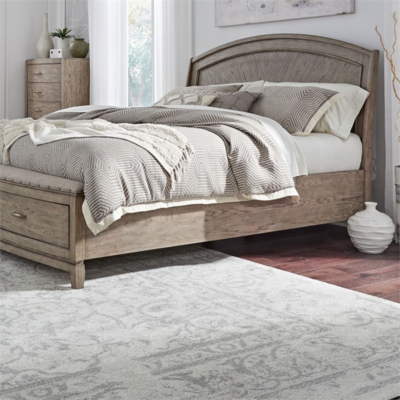 Pemberly Row King Panel Storage Bed with Padded Bench Seat in Burnished Beige