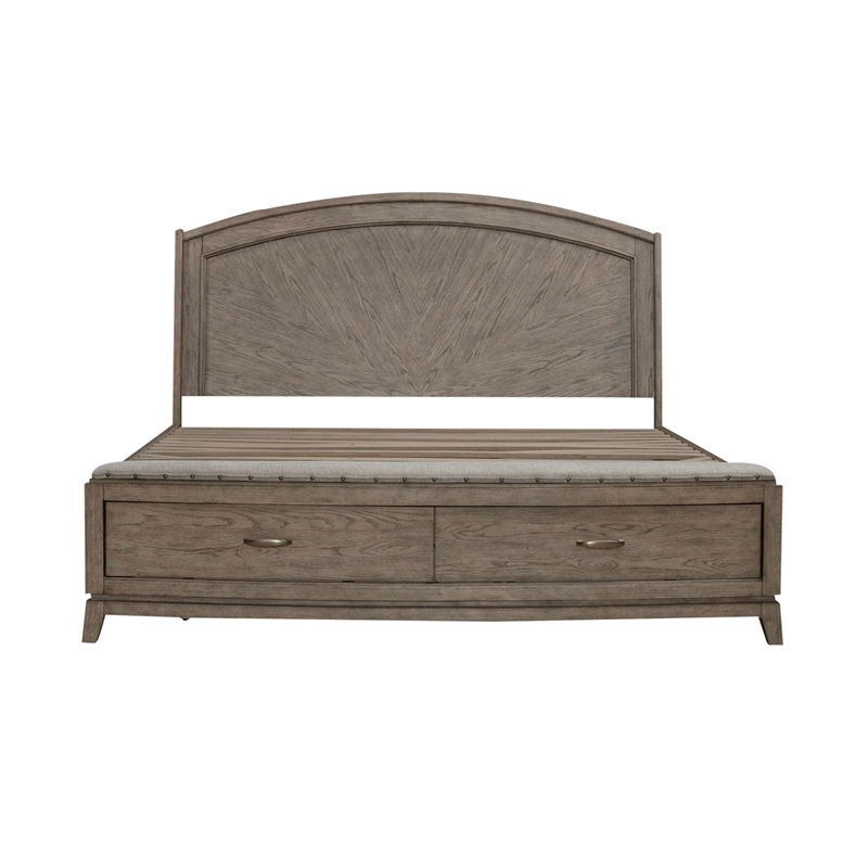 Pemberly Row King Panel Storage Bed with Padded Bench Seat in Burnished Beige