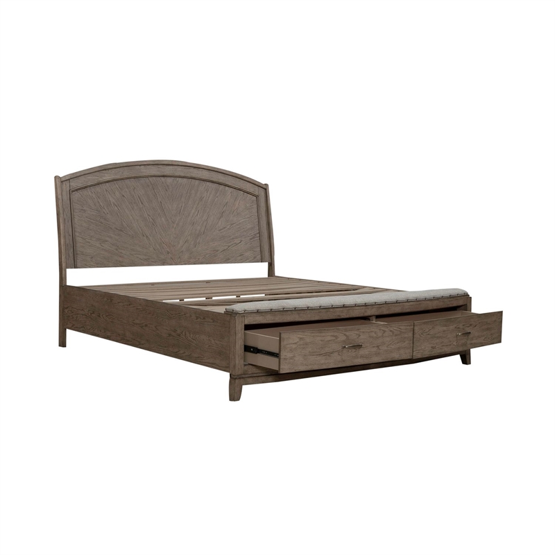 Pemberly Row King Panel Storage Bed with Padded Bench Seat in Burnished Beige